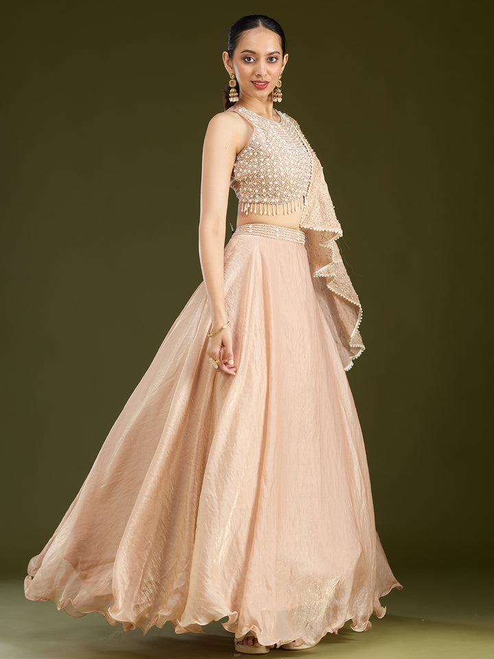 Beige Pearlwork Organza Readymade Lehenga