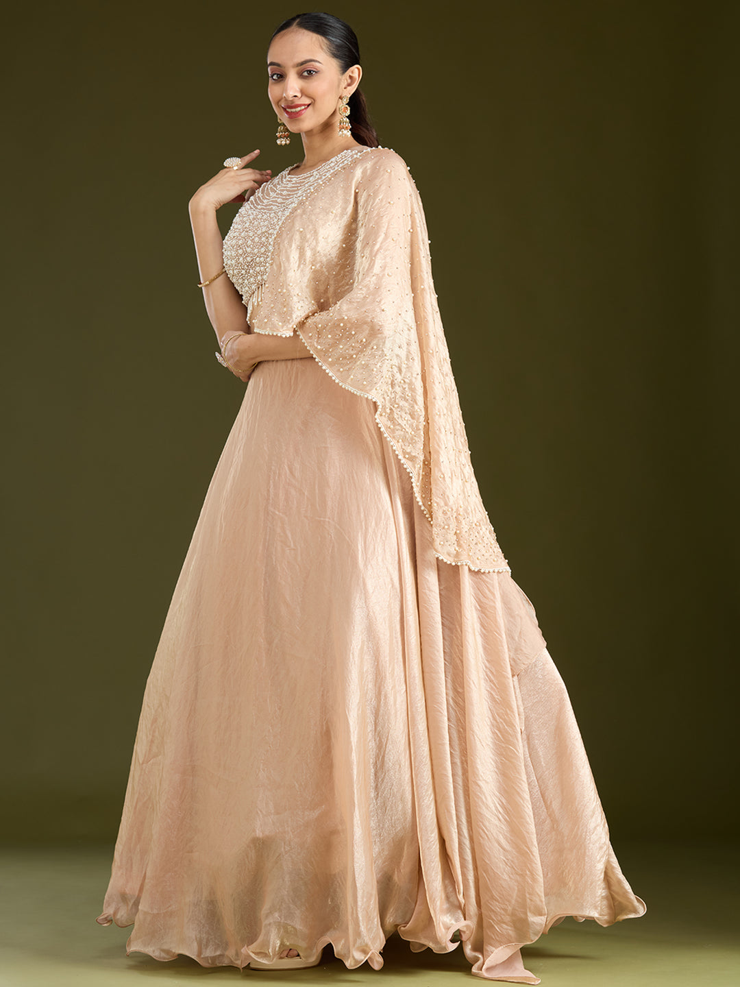 Beige Pearlwork Organza Readymade Lehenga