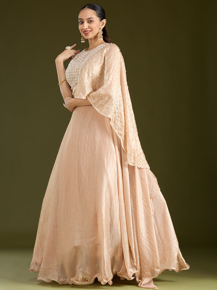 Beige Pearlwork Organza Readymade Lehenga