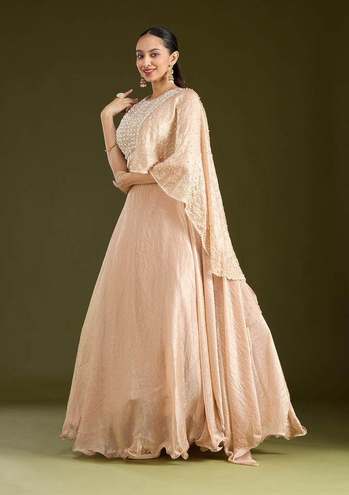 Beige Pearlwork Organza Readymade Lehenga