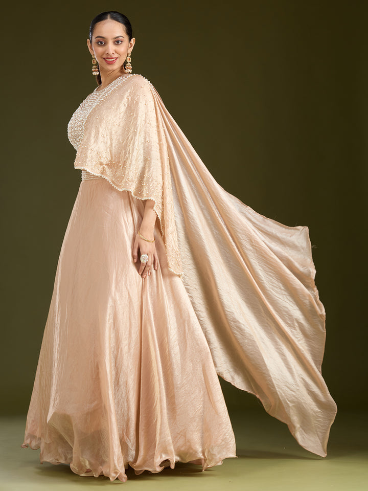 Beige Pearlwork Organza Readymade Lehenga