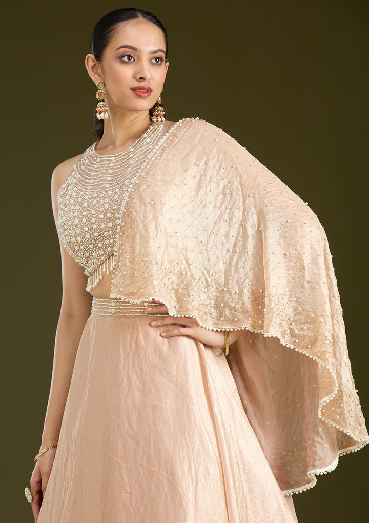 Beige Pearlwork Organza Readymade Lehenga