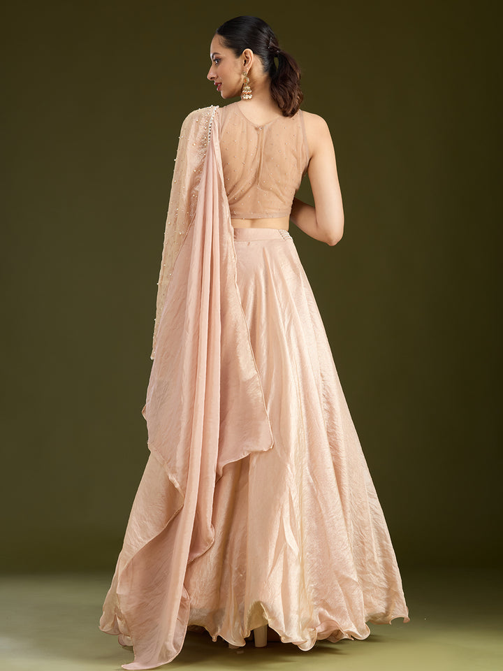 Beige Pearlwork Organza Readymade Lehenga