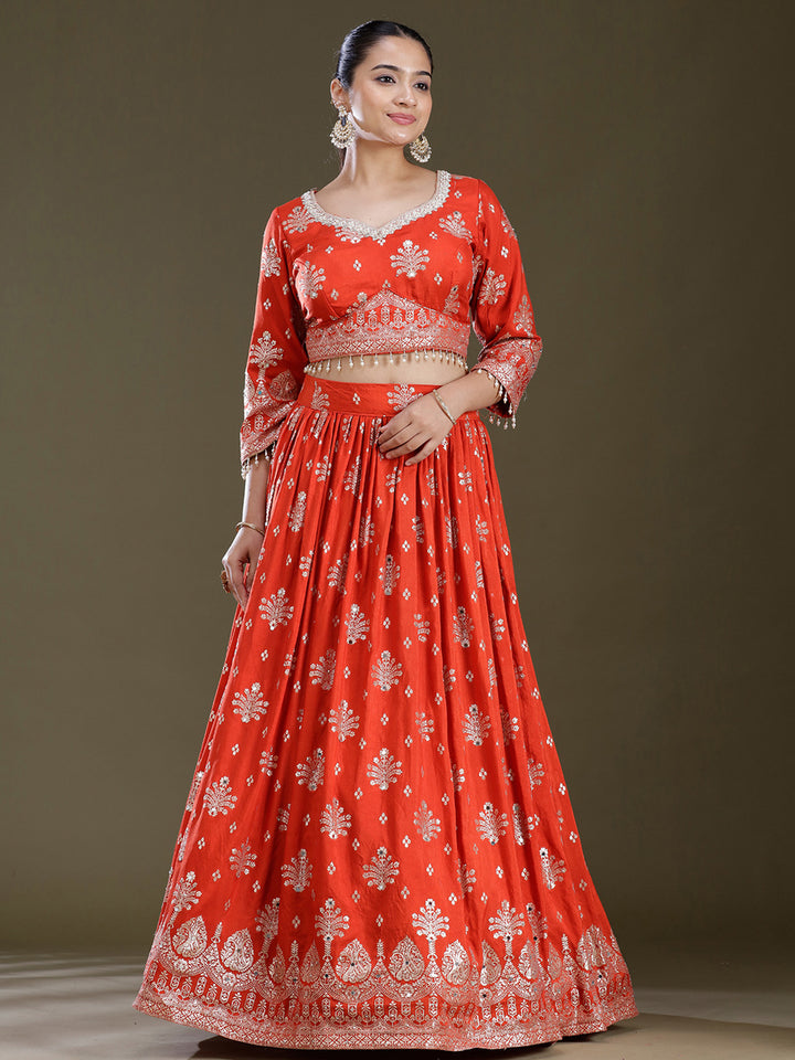 Rust Sequins Georgette Readymade Lehenga