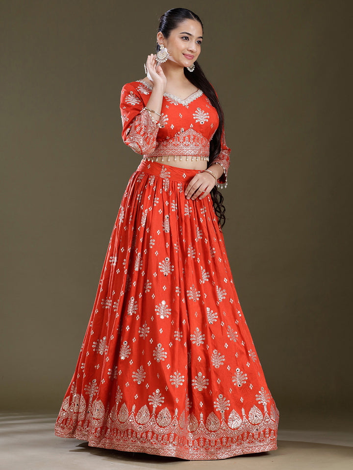 Rust Sequins Georgette Readymade Lehenga