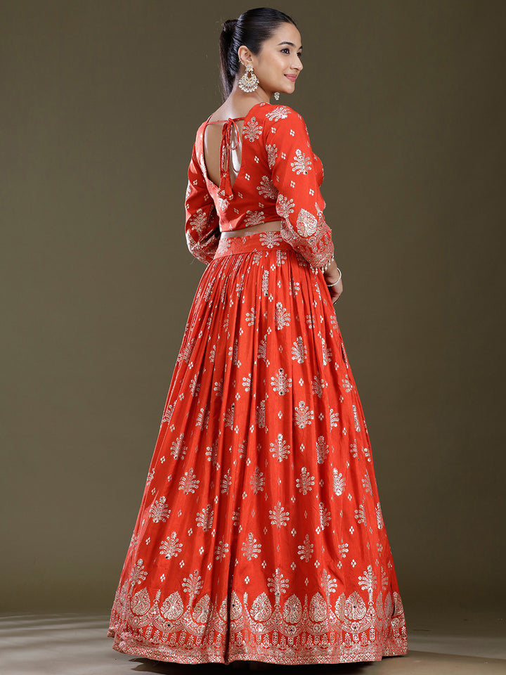 Rust Sequins Georgette Readymade Lehenga