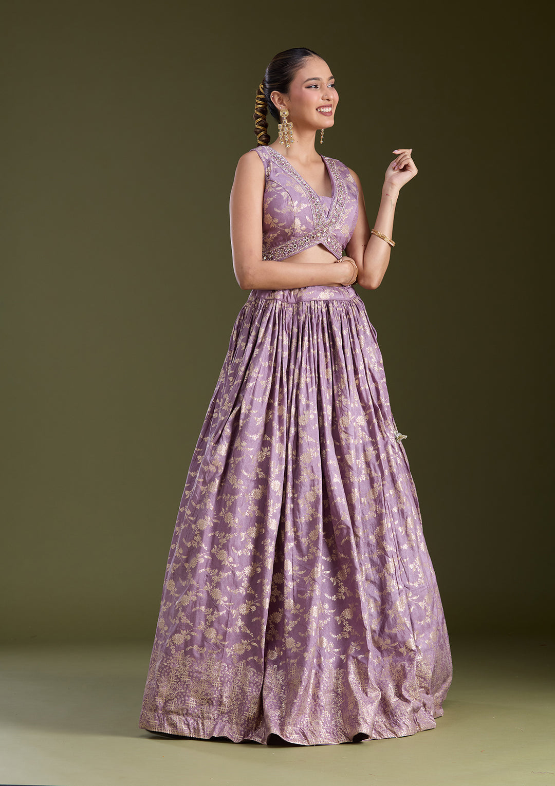 Dark Lavender Sequins Soft Raw Silk Readymade Lehenga
