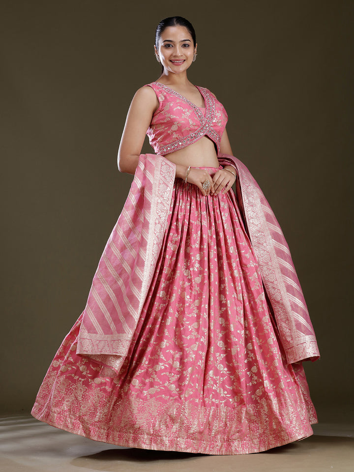 Onion Pink Sequins Soft Raw Silk Readymade Lehenga