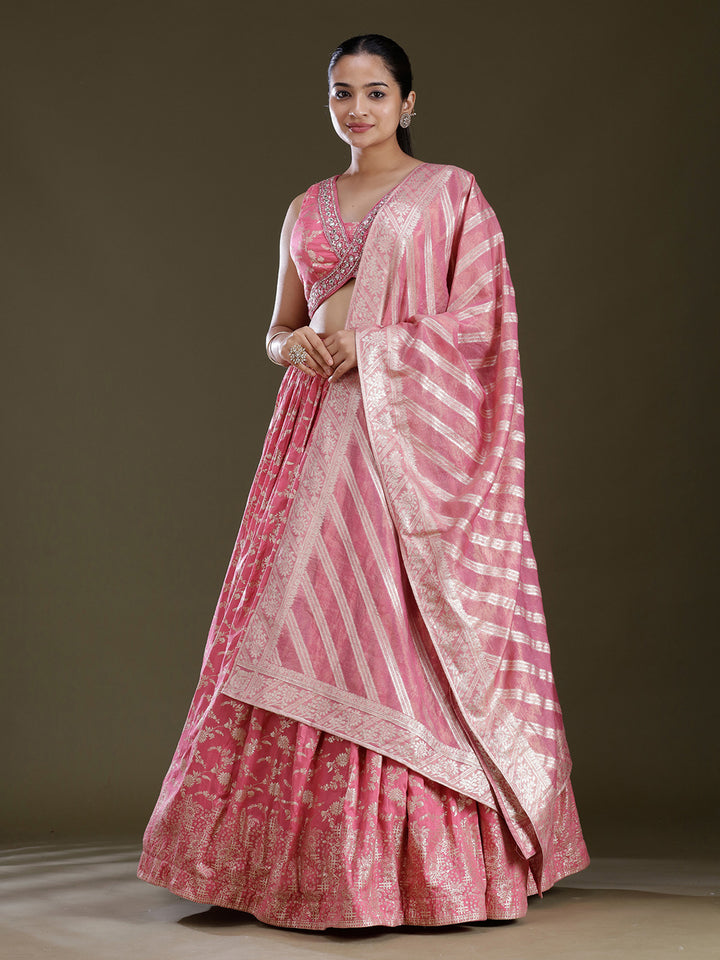 Onion Pink Sequins Soft Raw Silk Readymade Lehenga