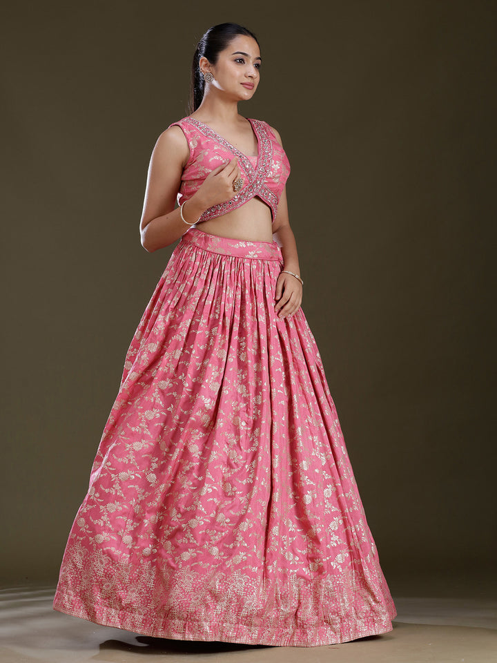 Onion Pink Sequins Soft Raw Silk Readymade Lehenga