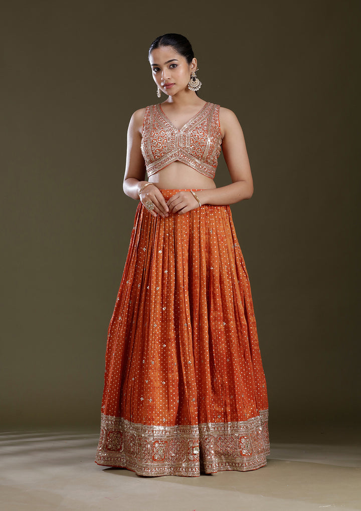 Orange Zariwork (Gold) Brocade Readymade Lehenga