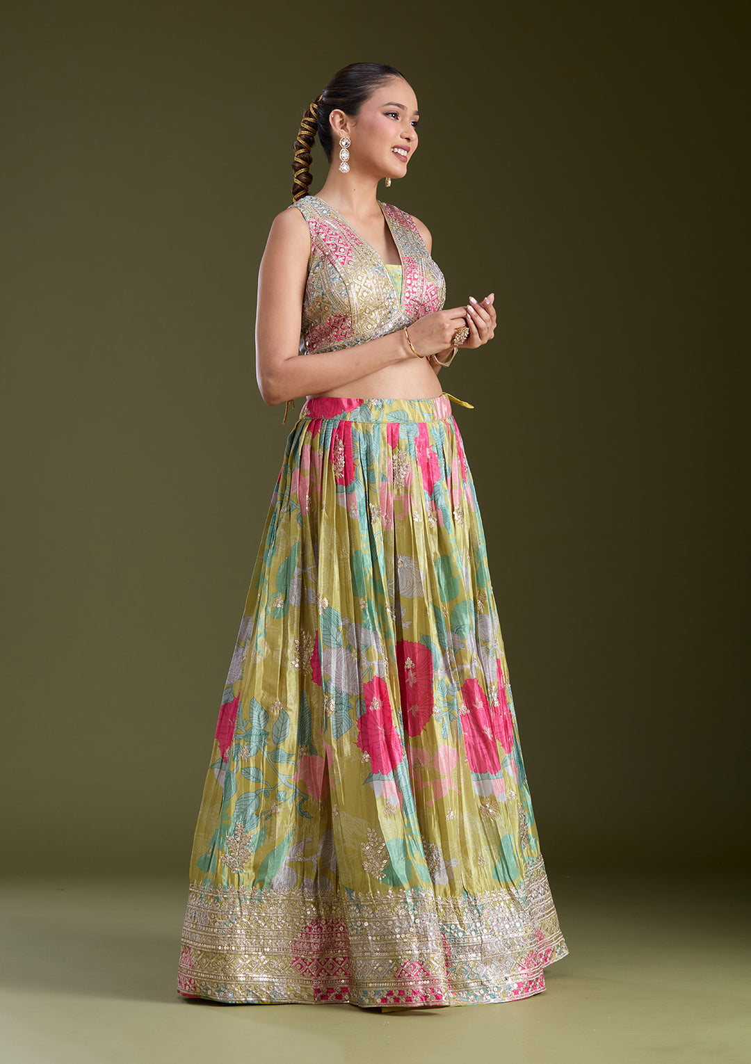 Mehandi Green Sequins Satin Readymade Lehenga