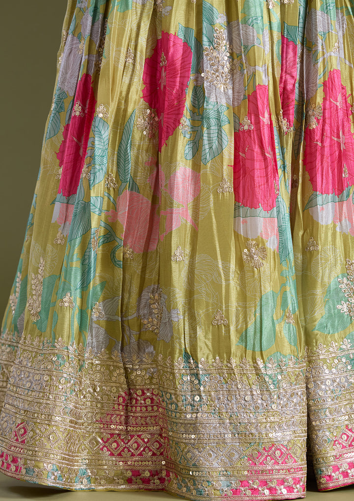 Mehandi Green Sequins Satin Readymade Lehenga