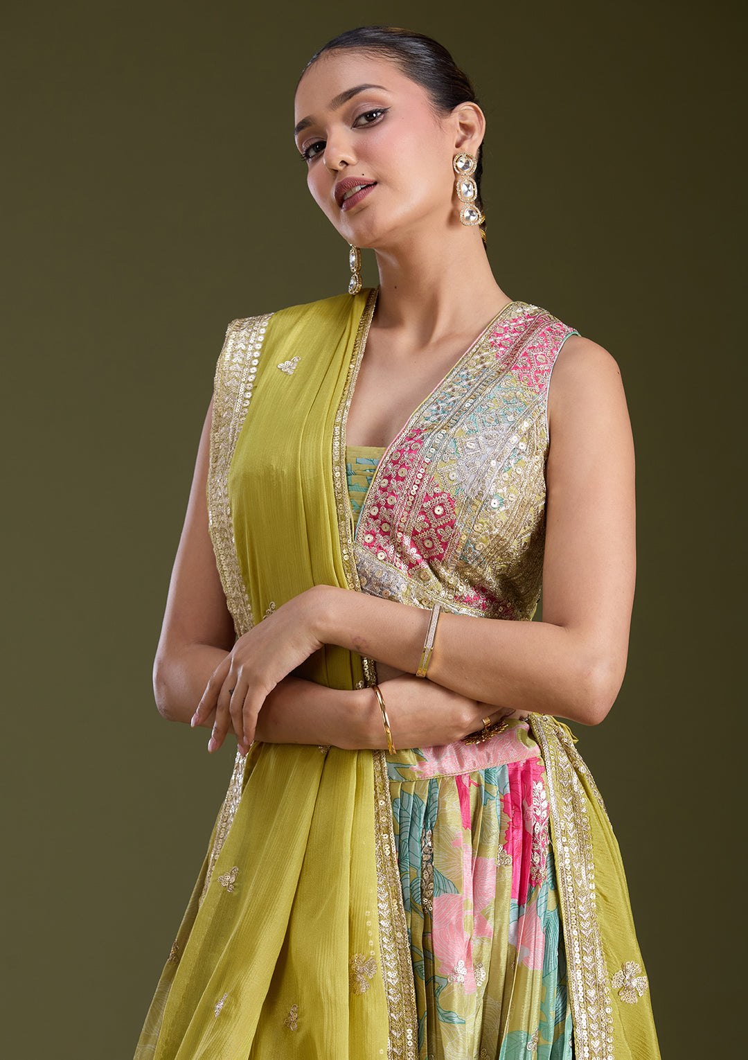 Mehandi Green Sequins Satin Readymade Lehenga