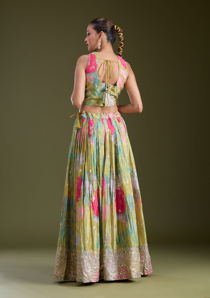 Mehandi Green Sequins Satin Readymade Lehenga