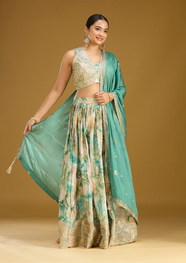 Sea Green Zariwork (Gold) Art Silk Readymade Lehenga