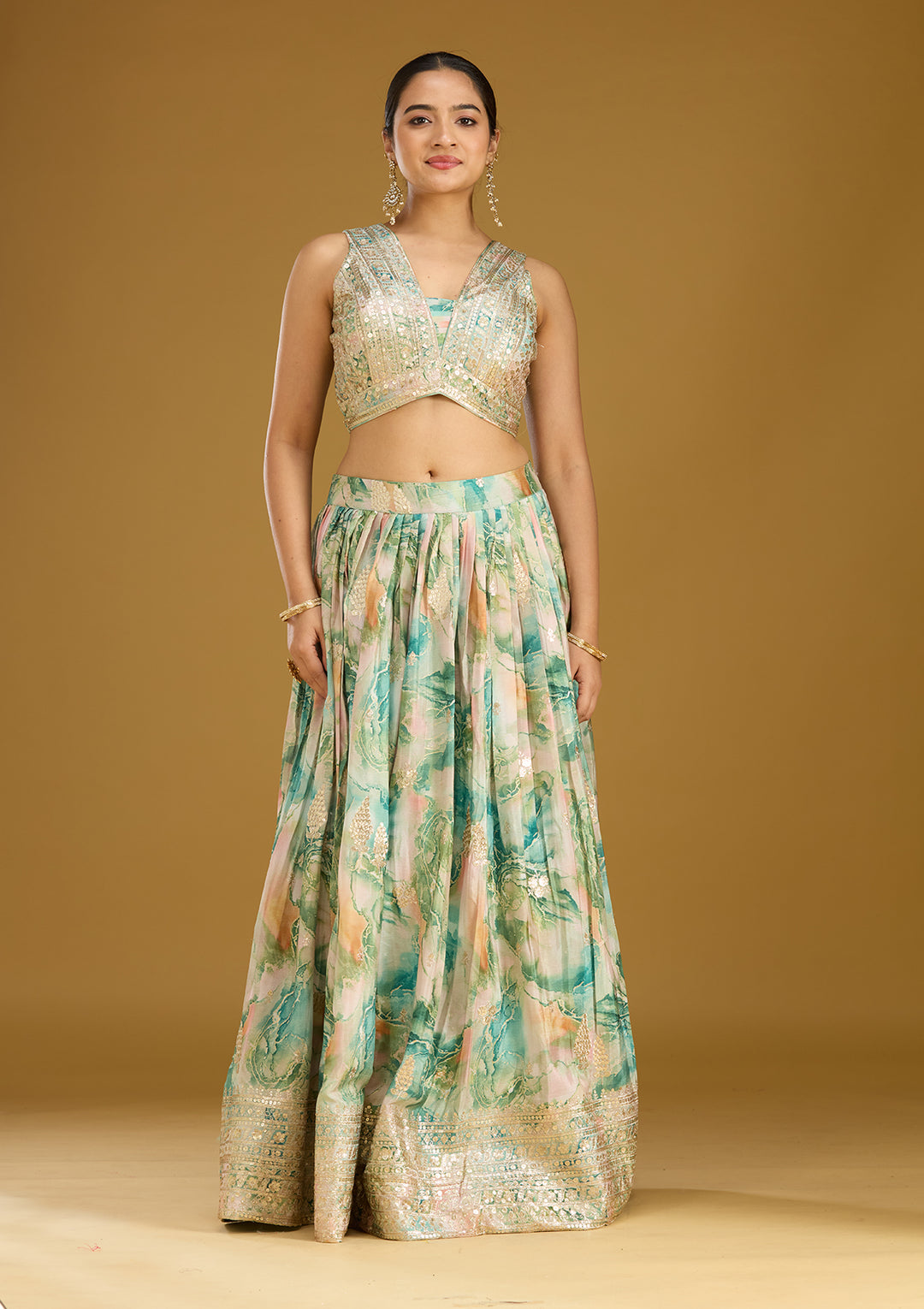 Sea Green Zariwork (Gold) Art Silk Readymade Lehenga