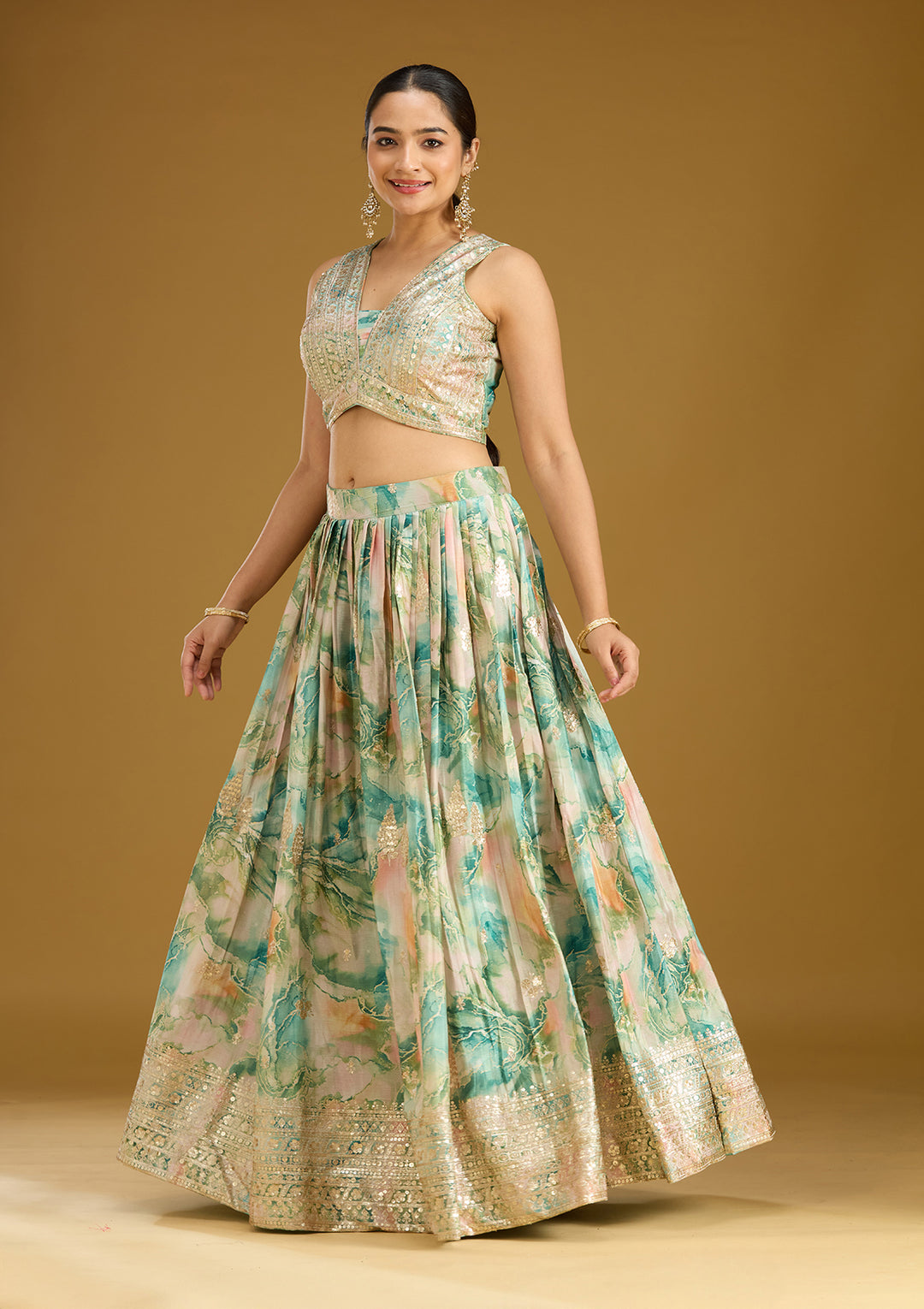 Sea Green Zariwork (Gold) Art Silk Readymade Lehenga