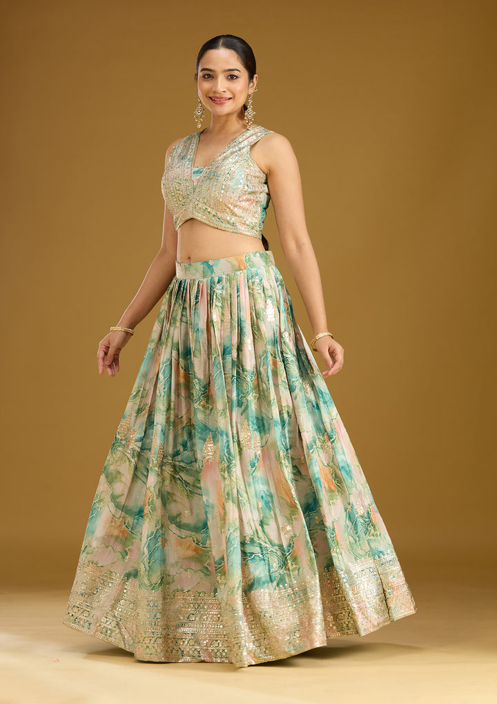 Sea Green Zariwork (Gold) Art Silk Readymade Lehenga