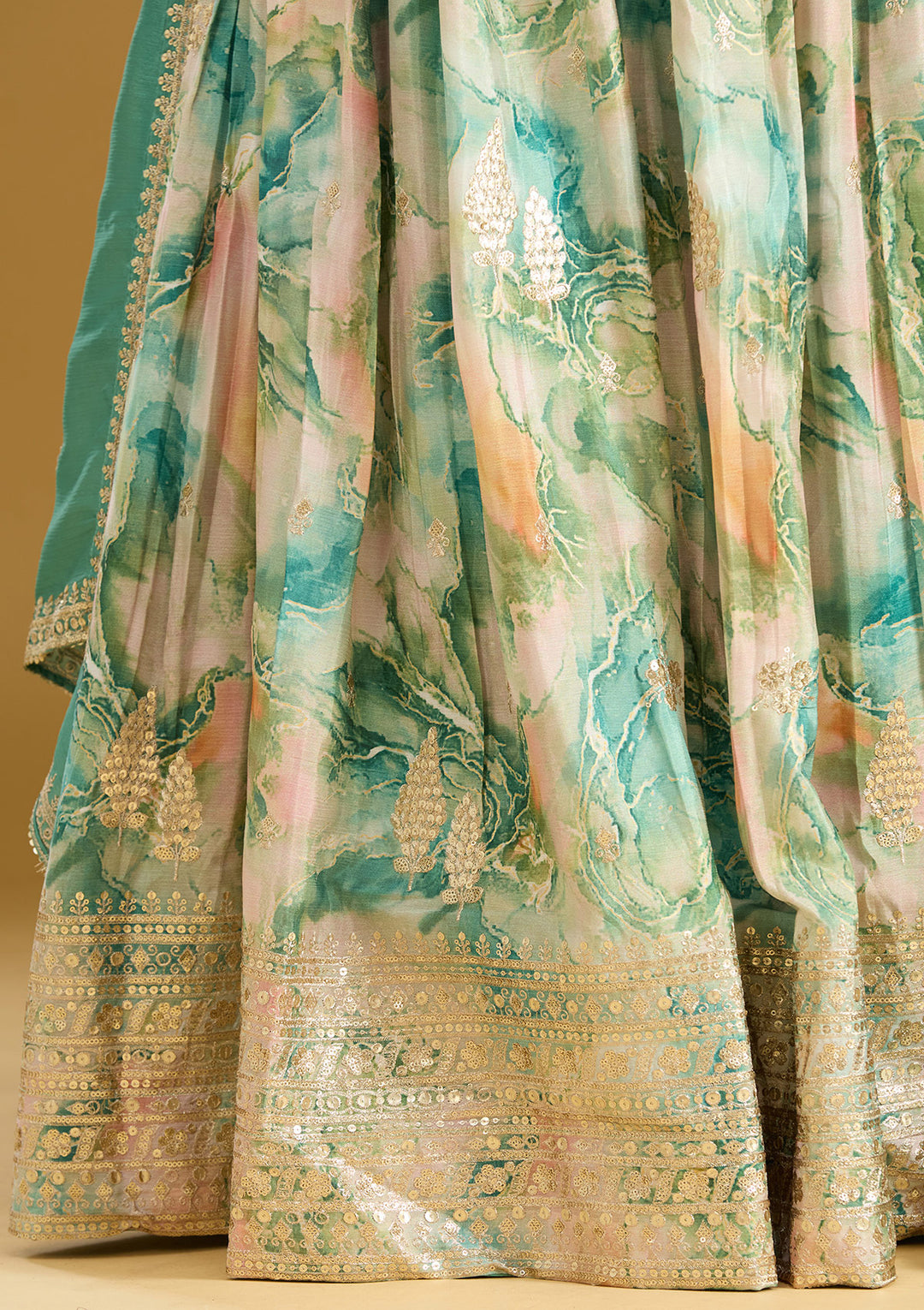 Sea Green Zariwork (Gold) Art Silk Readymade Lehenga
