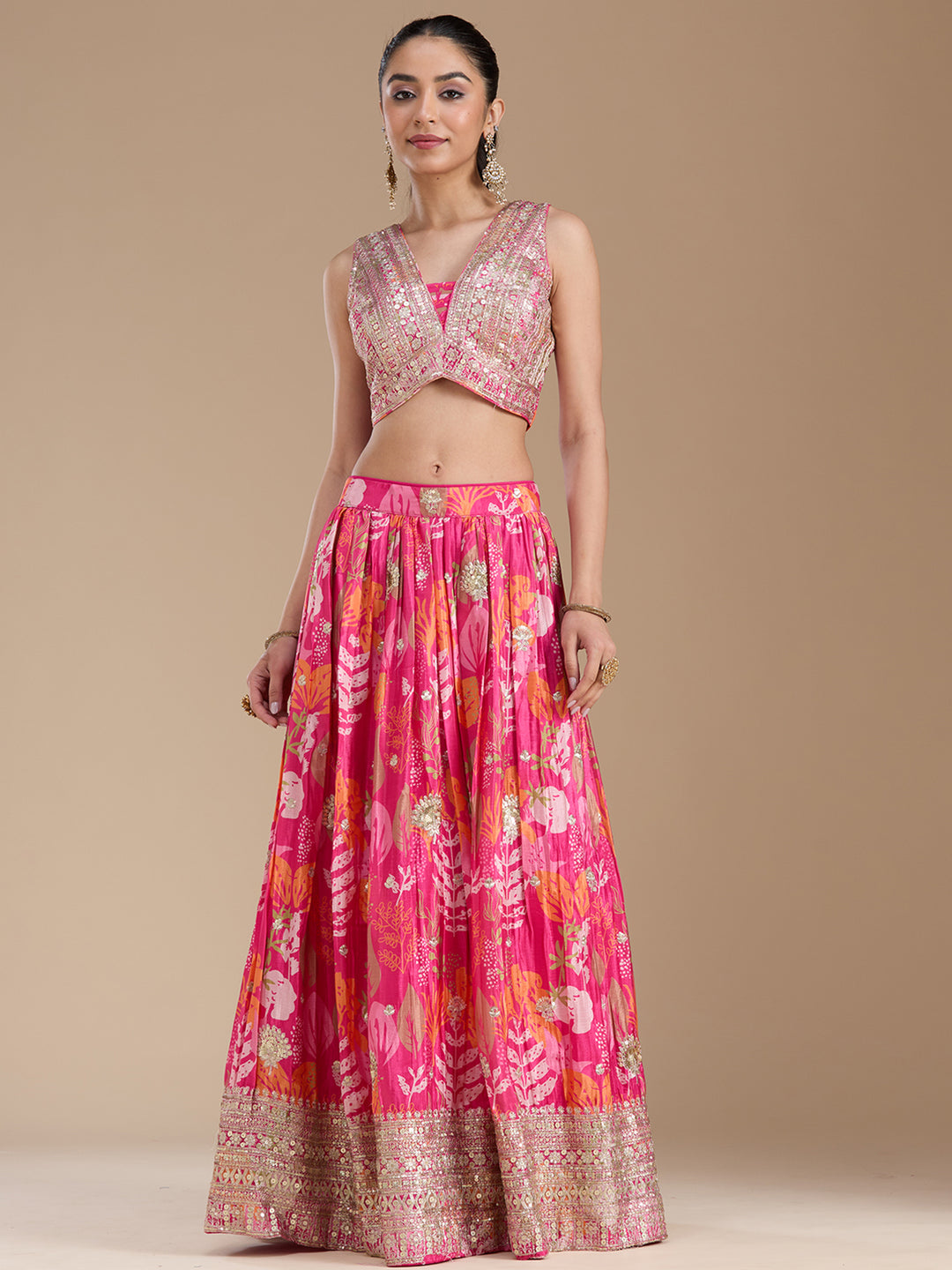 Rani Pink Sequins Satin Readymade Lehenga