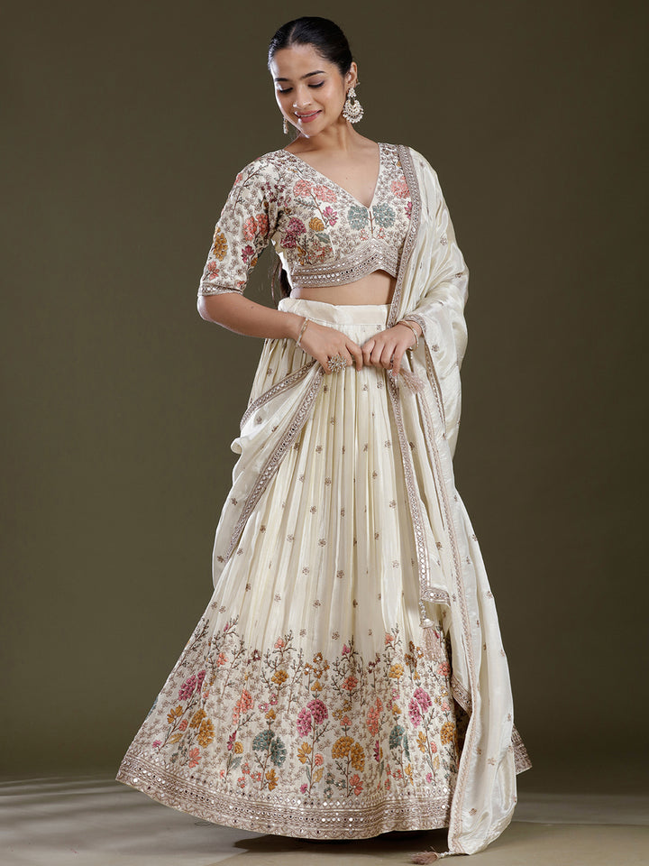Cream Threadwork Art Silk Readymade Lehenga