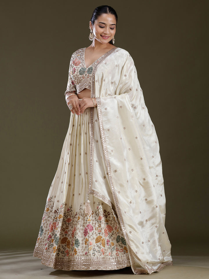 Cream Threadwork Art Silk Readymade Lehenga