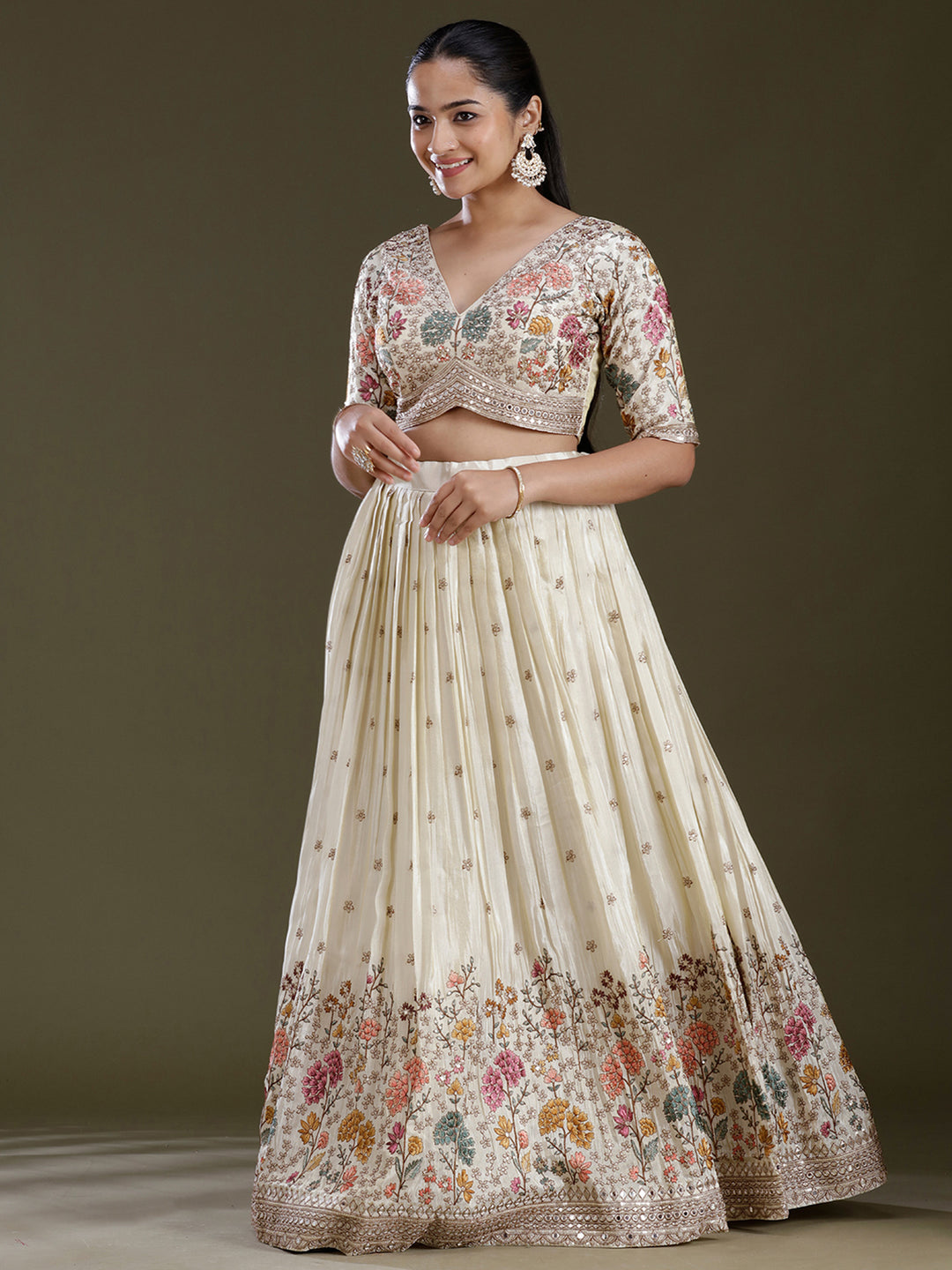 Cream Threadwork Art Silk Readymade Lehenga