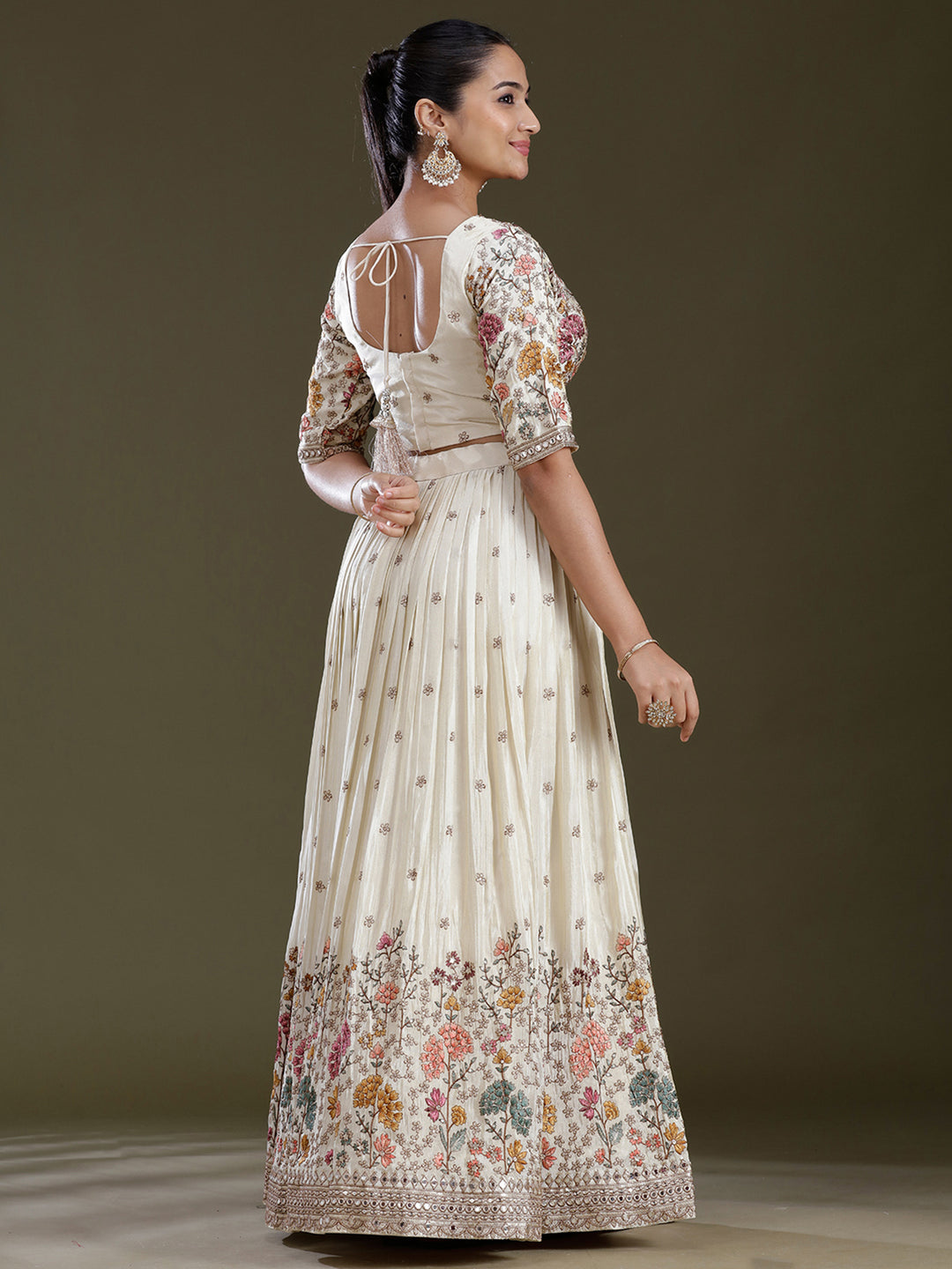 Cream Threadwork Art Silk Readymade Lehenga