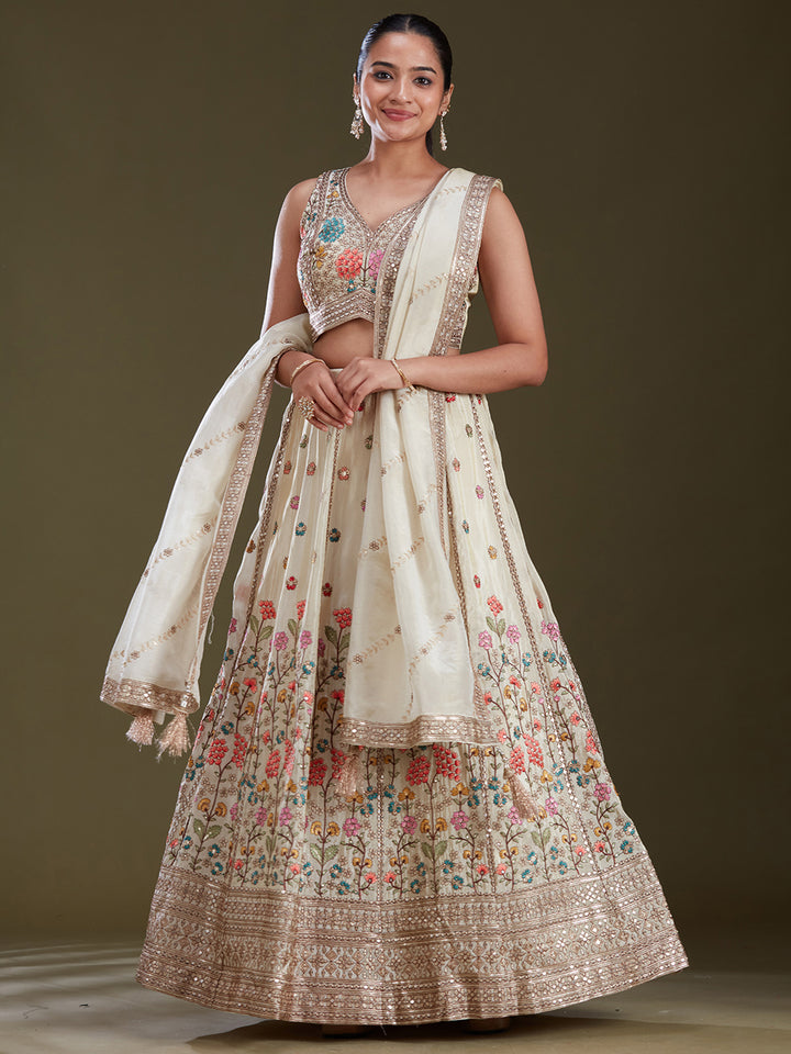 Cream Threadwork Art Silk Readymade Lehenga