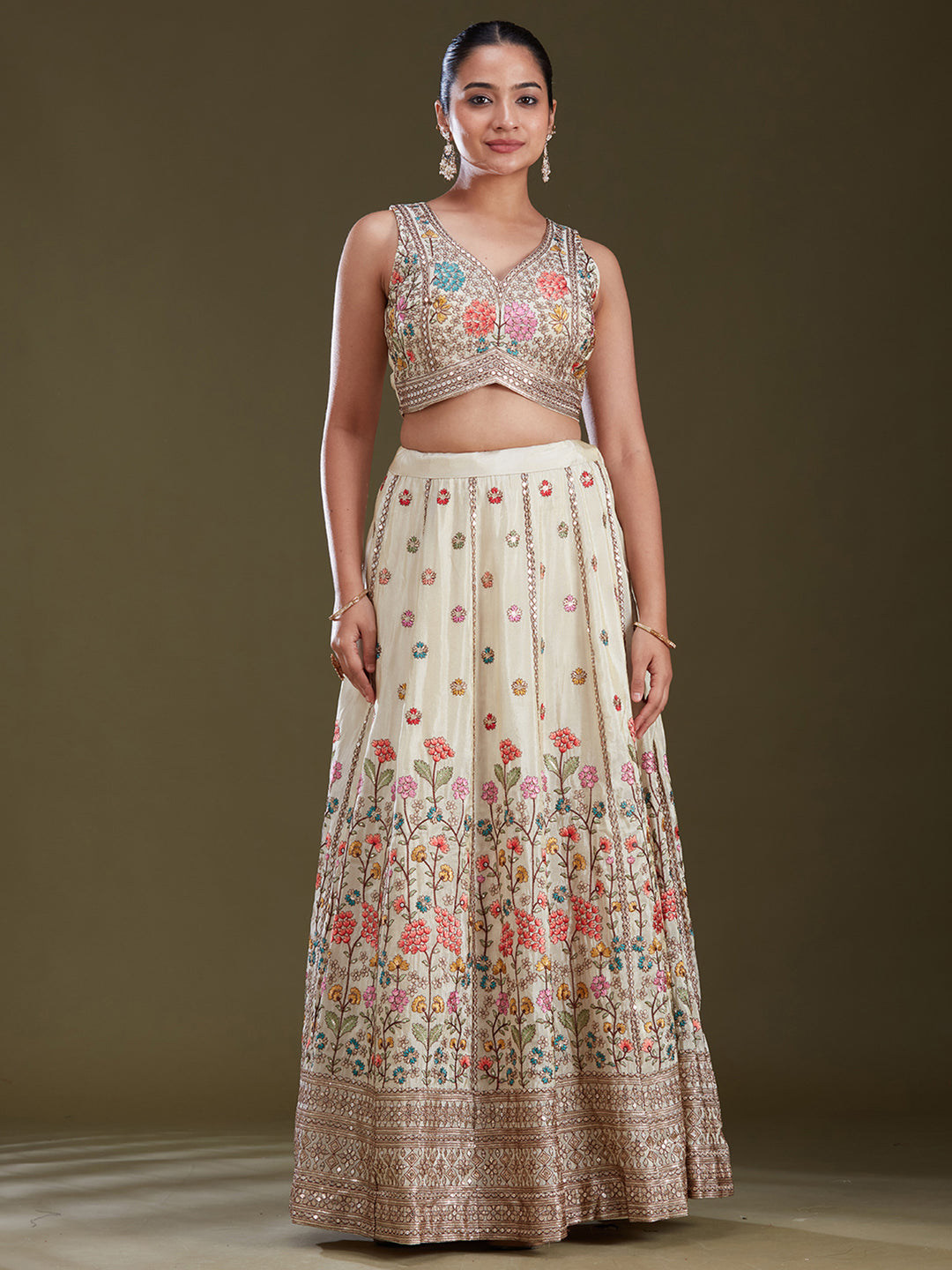 Cream Threadwork Art Silk Readymade Lehenga