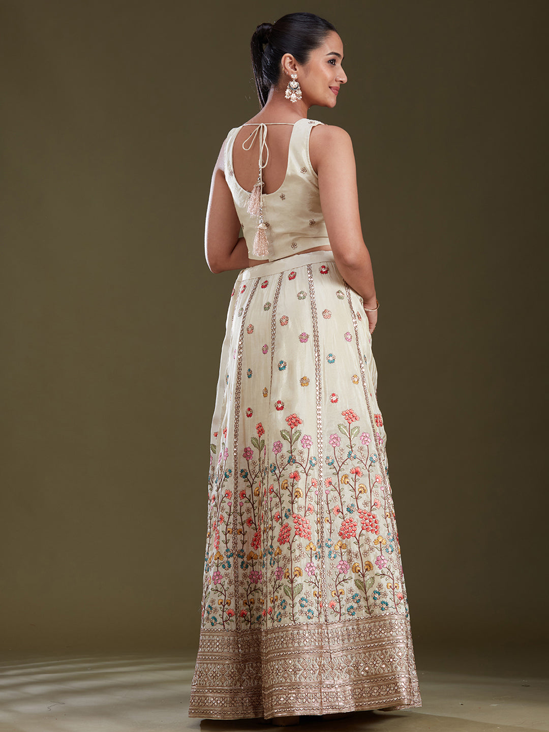 Cream Threadwork Art Silk Readymade Lehenga