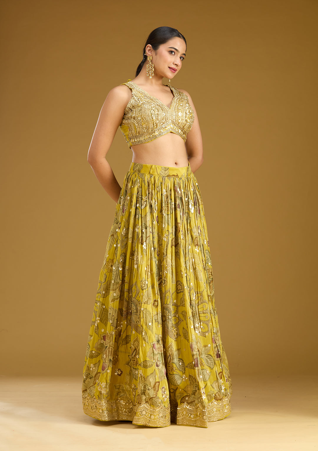 Mehandi Green Zariwork (Gold) Crepe Readymade Lehenga