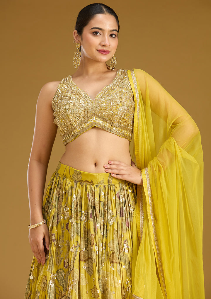 Mehandi Green Zariwork (Gold) Crepe Readymade Lehenga