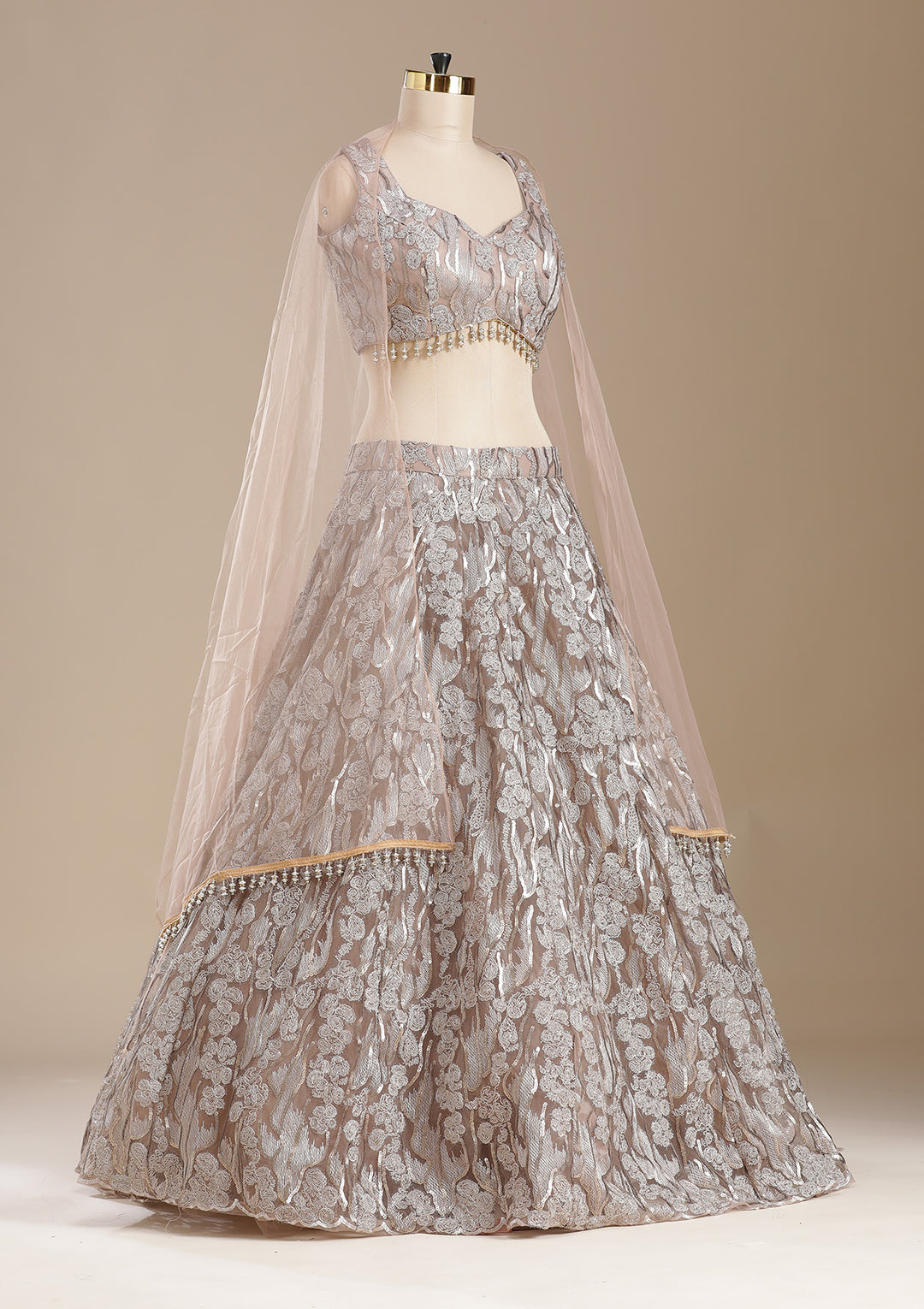 Brown Threadwork Net Readymade Lehenga