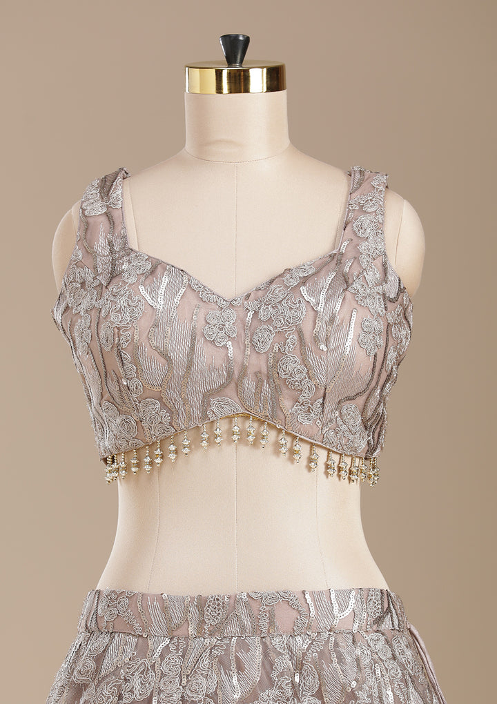 Brown Threadwork Net Readymade Lehenga