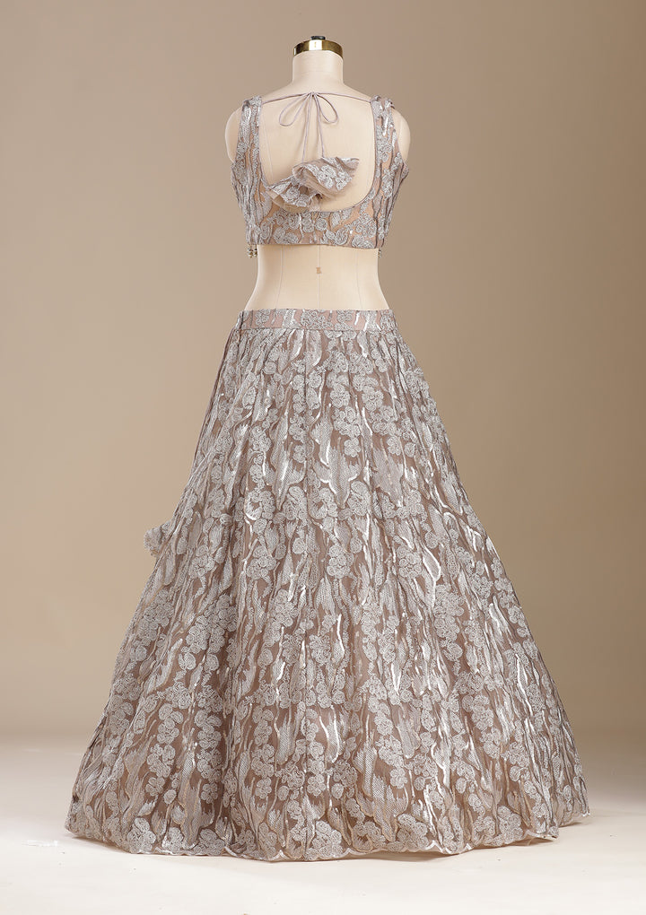 Brown Threadwork Net Readymade Lehenga