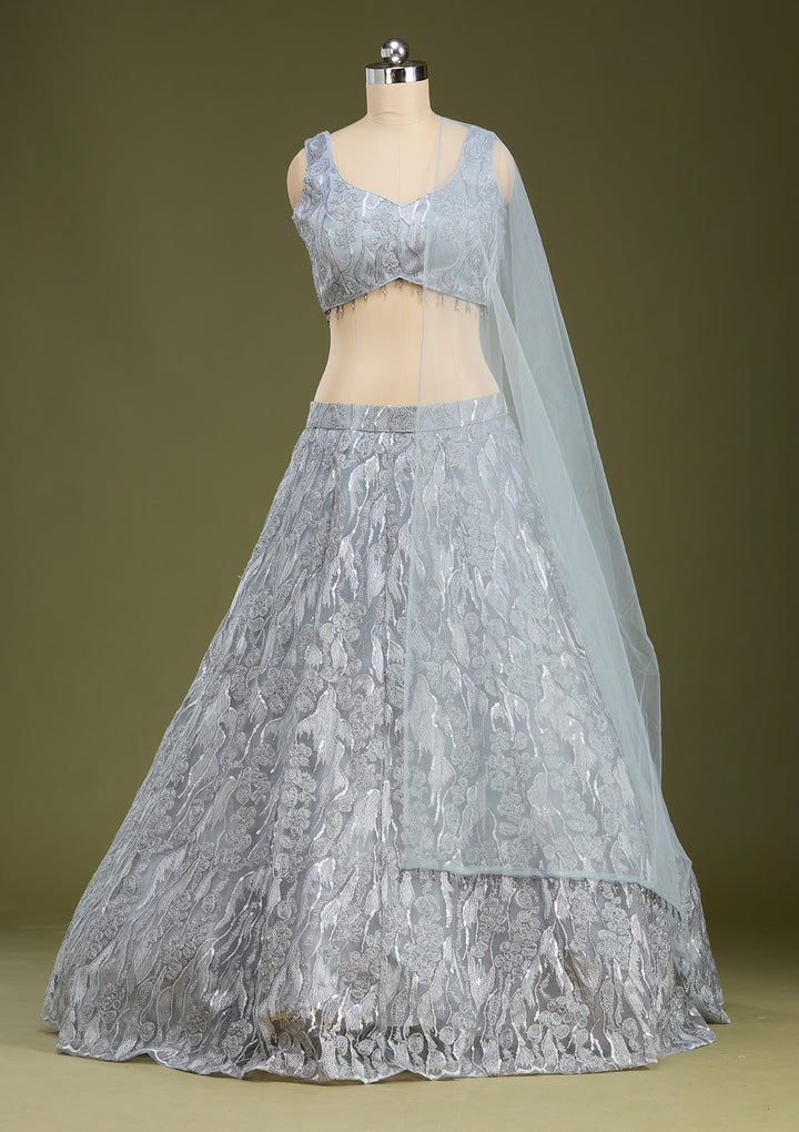 Grey Threadwork Net Readymade Lehenga