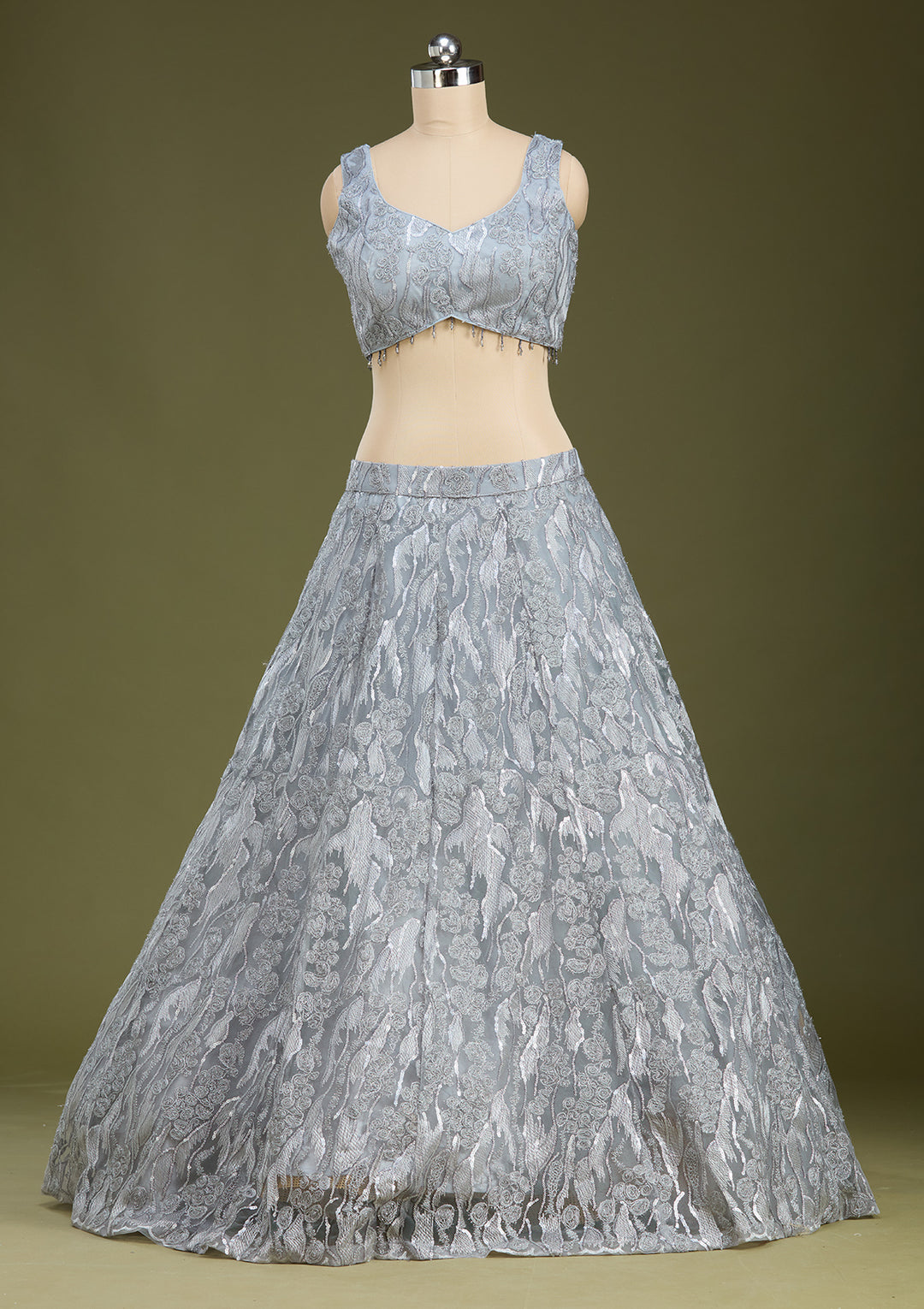 Grey Threadwork Net Readymade Lehenga