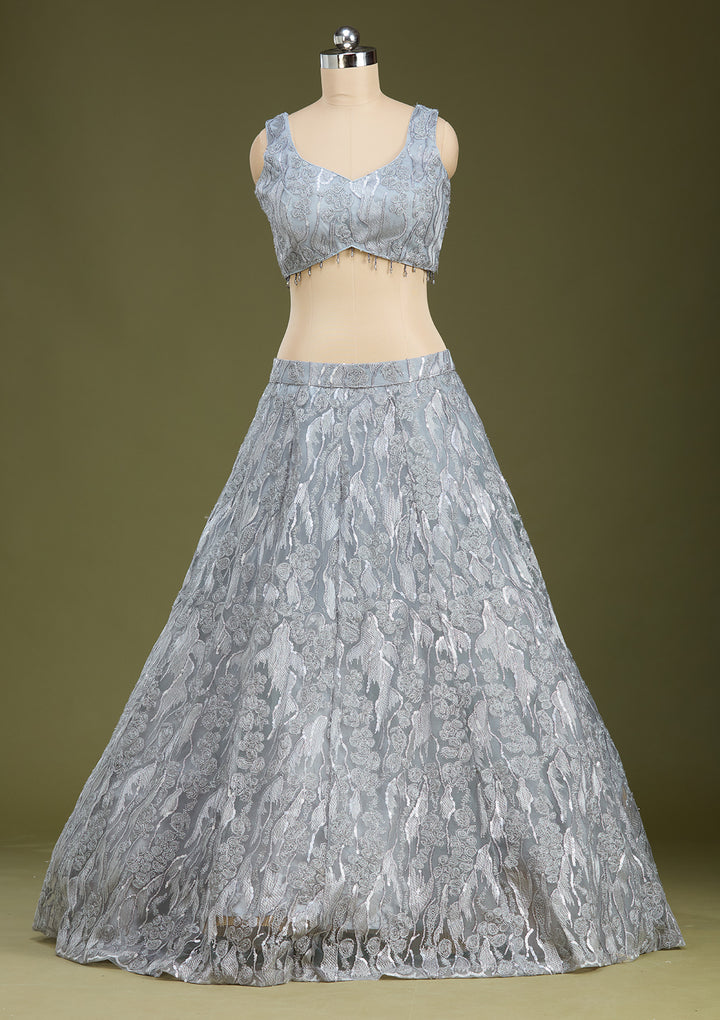 Grey Threadwork Net Readymade Lehenga