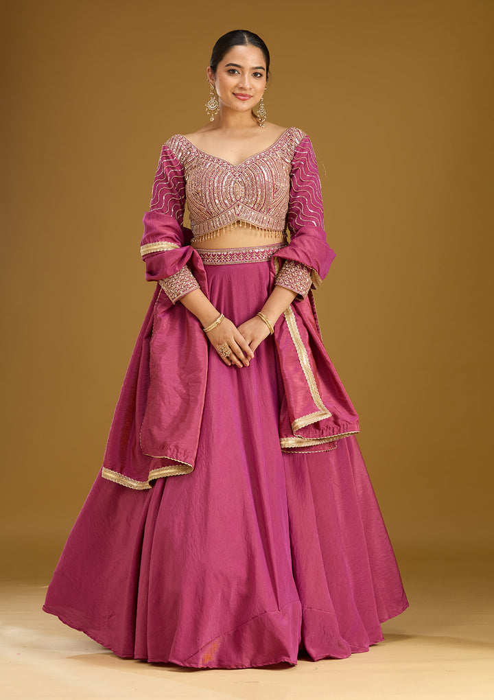 Onion Pink Sequins Tissue Readymade Lehenga