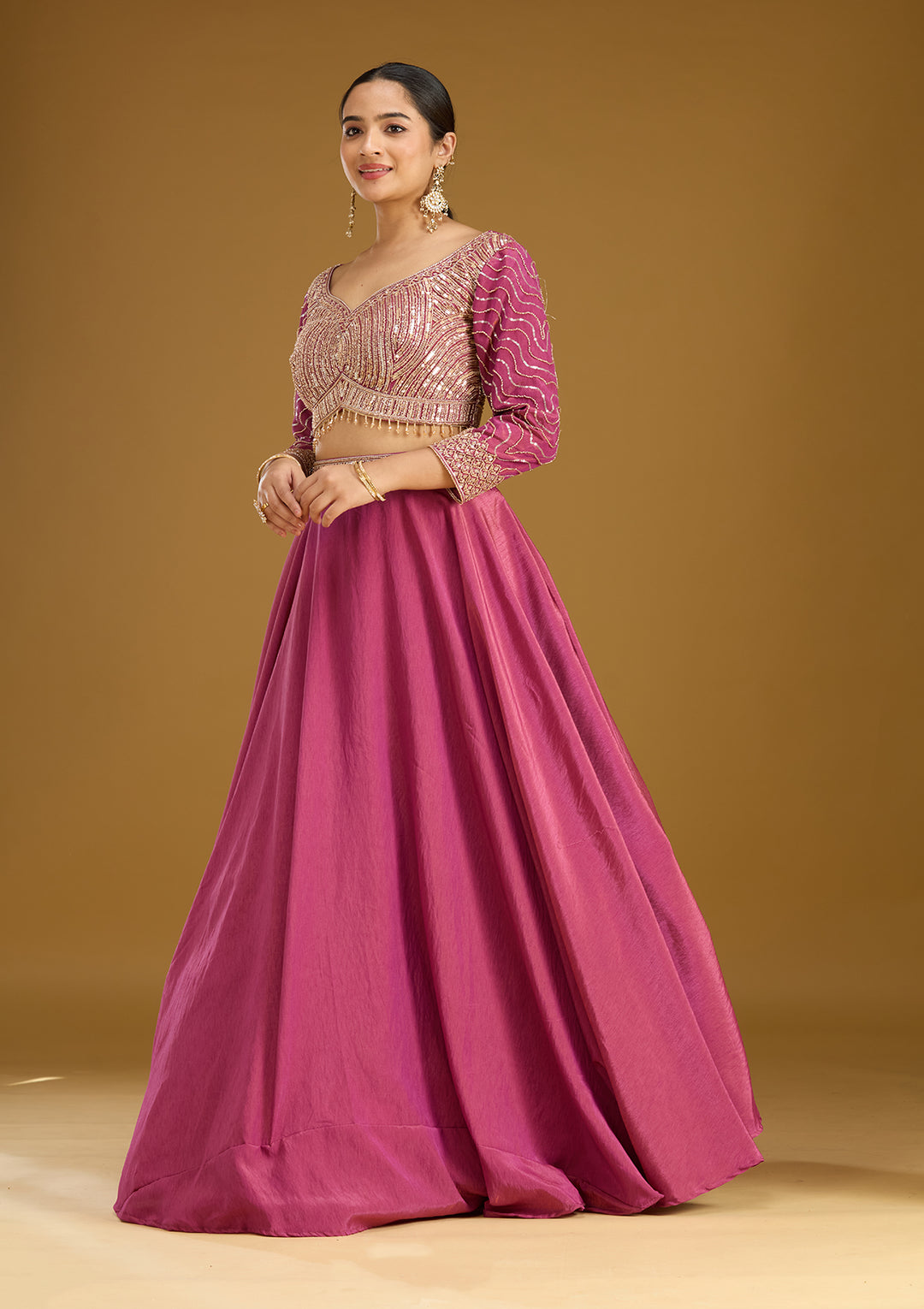 Onion Pink Sequins Tissue Readymade Lehenga