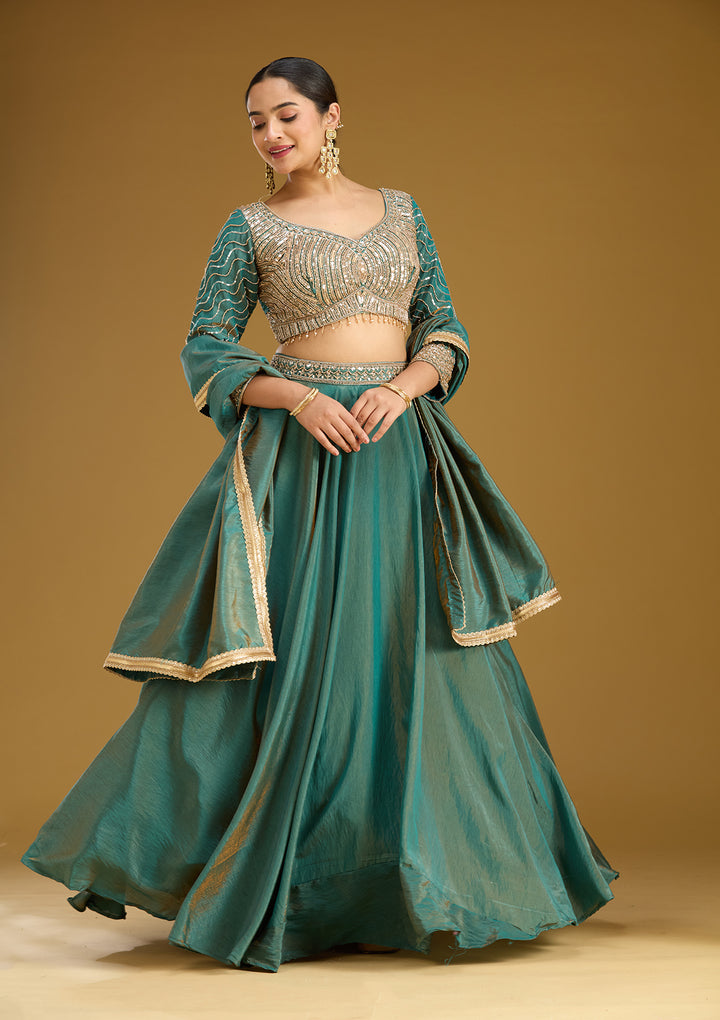 Teal Green Sequins Tissue Readymade Lehenga