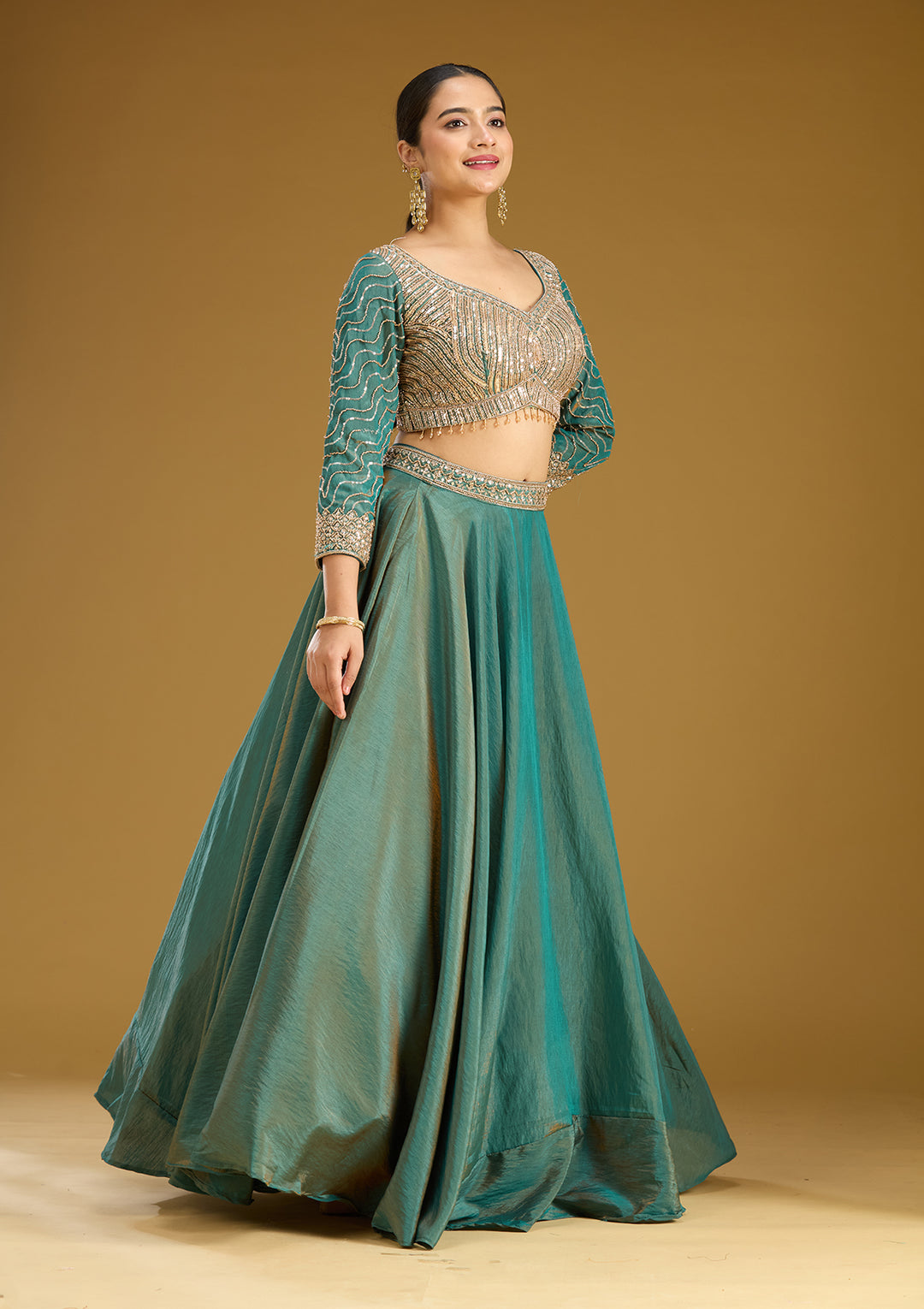 Teal Green Sequins Tissue Readymade Lehenga