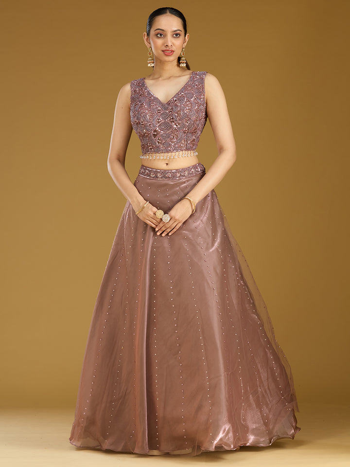 Light Brown Sequins Net Readymade Lehenga