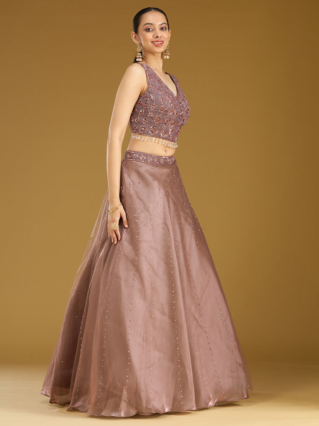 Light Brown Sequins Net Readymade Lehenga