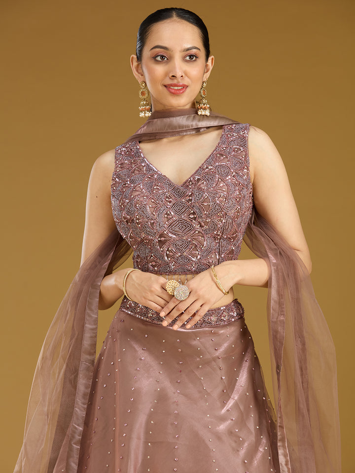 Light Brown Sequins Net Readymade Lehenga
