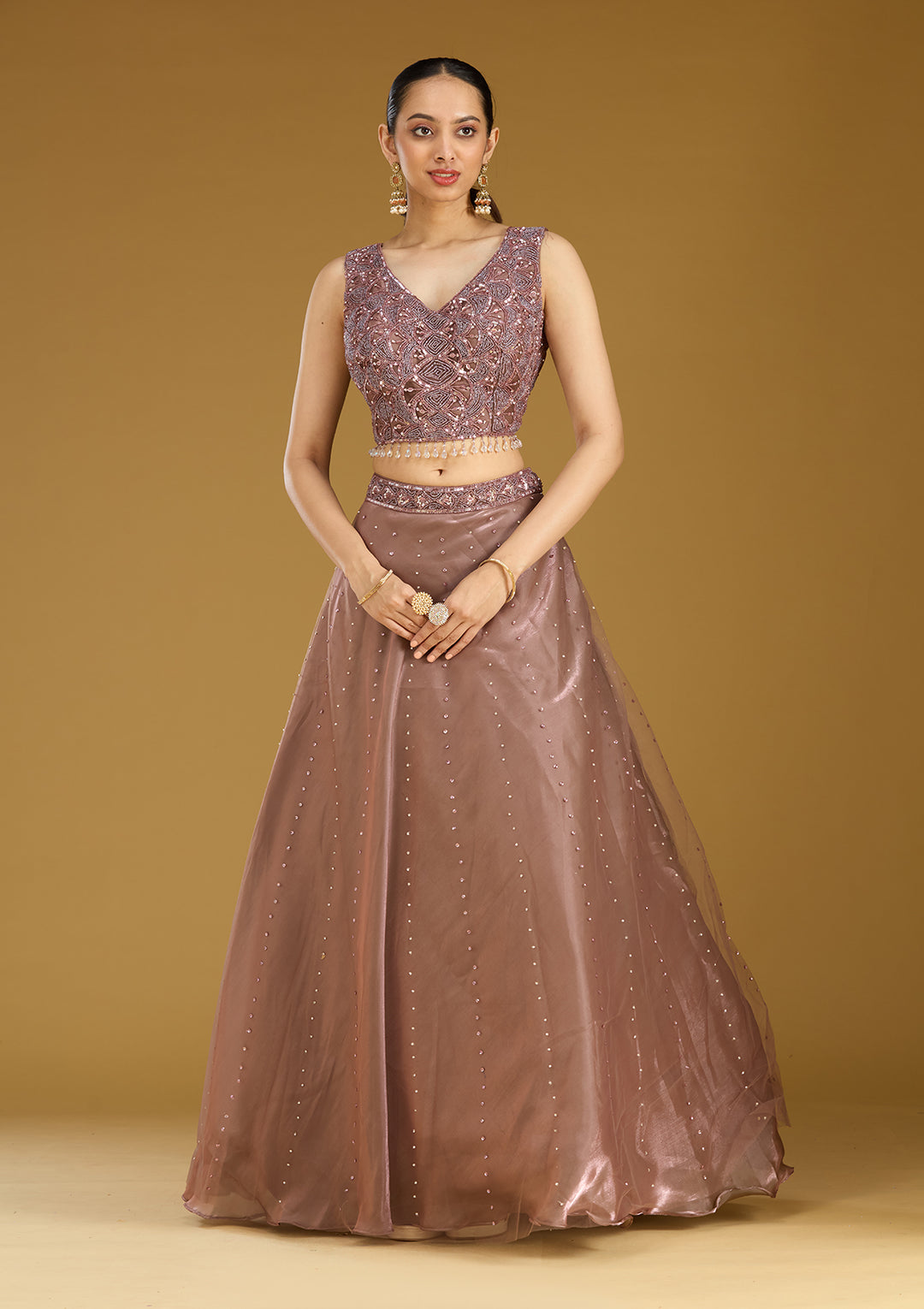 Light Brown Sequins Net Readymade Lehenga
