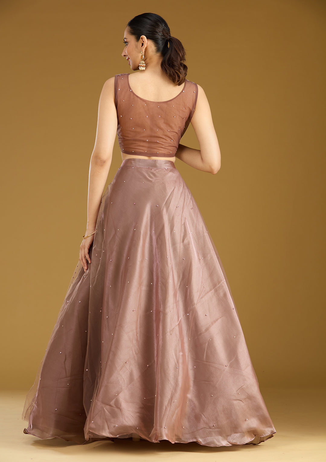 Light Brown Sequins Net Readymade Lehenga