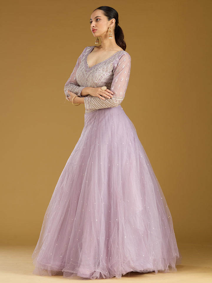 Lavender Sequins Net Readymade Lehenga
